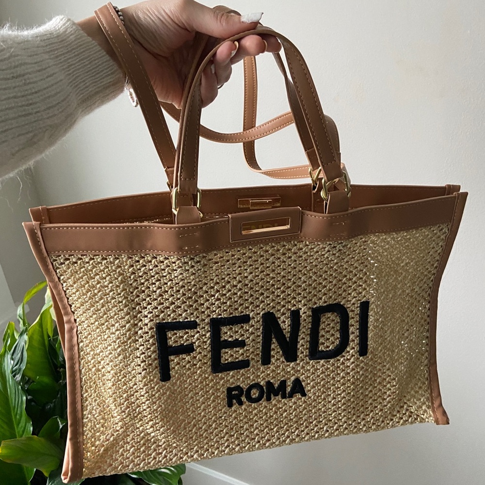 Fendi Tan and Black Tote Bag with Leather Accents